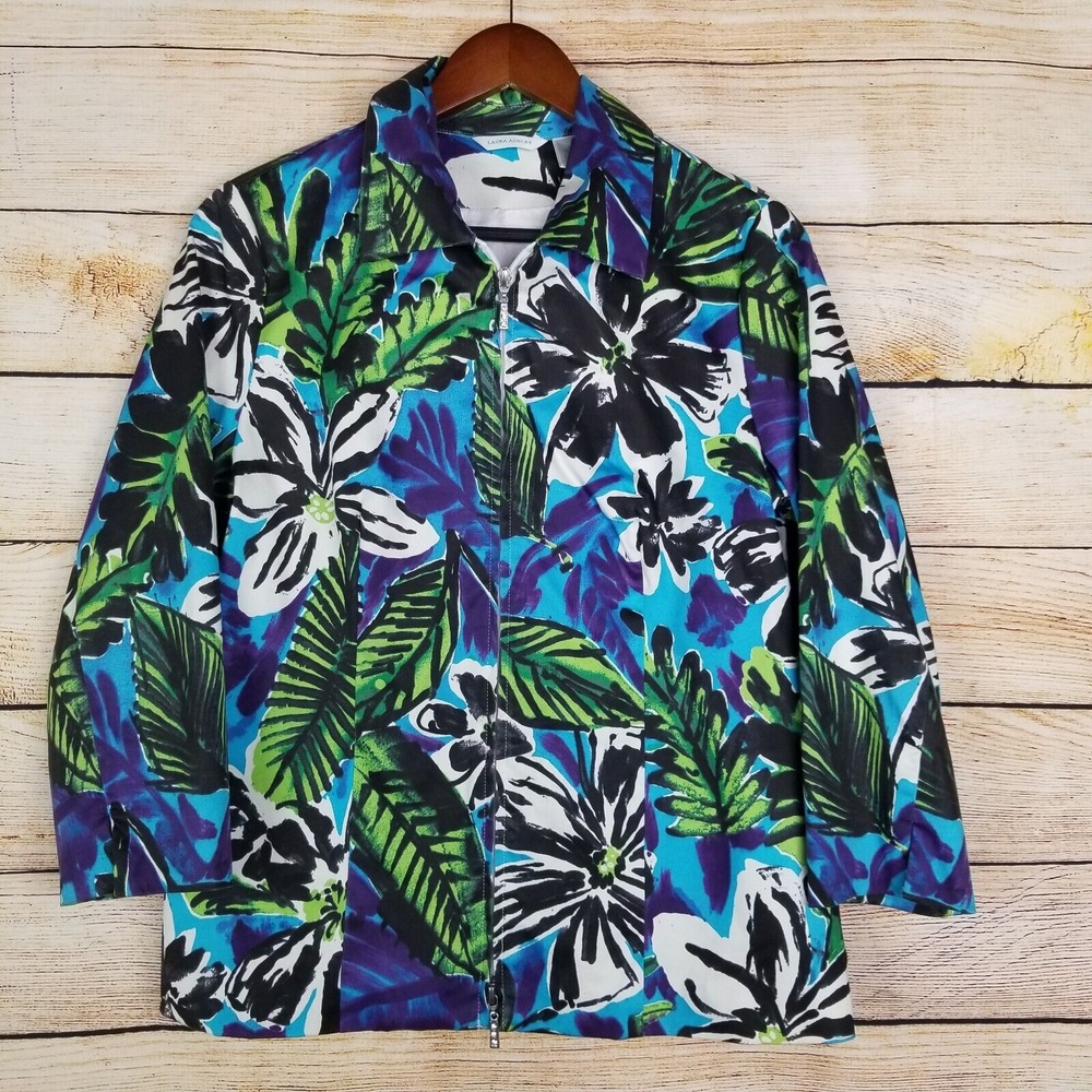 Laura Ashley Cotton Zip Jacket Womens Size S Blue Hawaiian Floral Softshell Zip